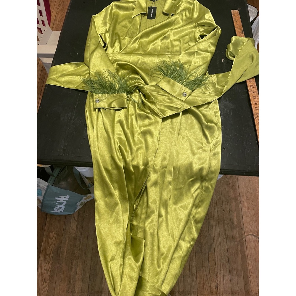 Forever Amelia Chartreuse Green Satin Wrap Maxi Dress Feather Cuff Womens 14 NEW - Picture 5 of 6